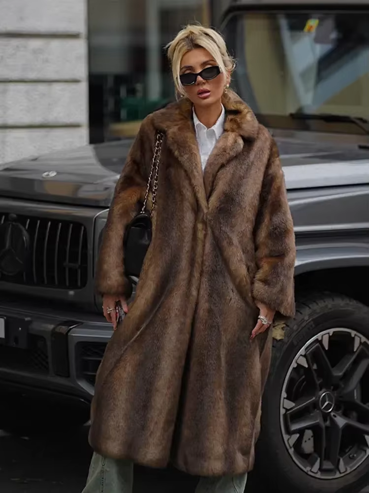 Cassey – Brown Faux Fur Long Overcoat