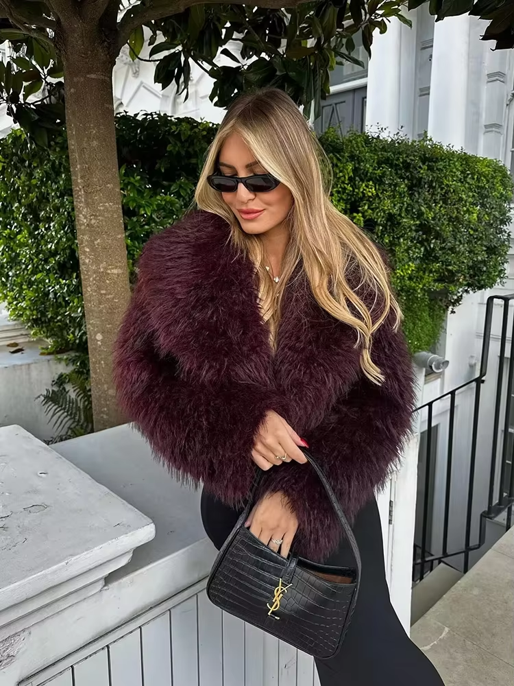 Shara – Wine Red Faux Fur Jacket