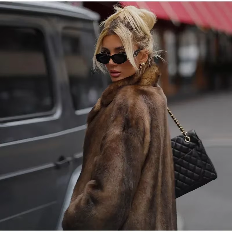 Cassey – Brown Faux Fur Long Overcoat